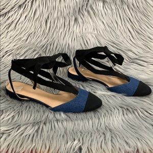 Denim and black grosgrain ribbon lace up flats